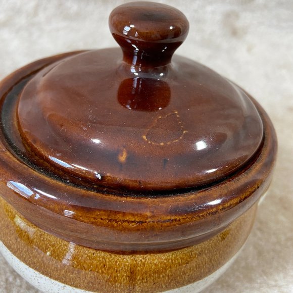 Vintage Stoneware Small Bean Pot in Tan and Brown Glaze Farmhouse - Picture 3 of 9